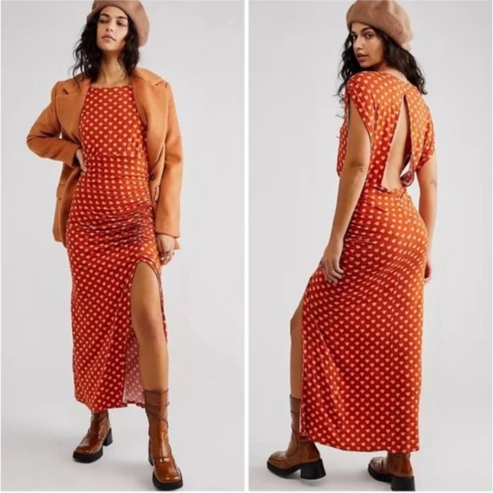 Free People Lakeside Dress Women’s XS Heart Printed Slit Midi Orange W - Picture 2 of 8